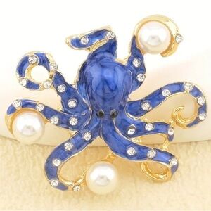 Nautical Blue & Gold Octopus Brooch with Faux Pearls